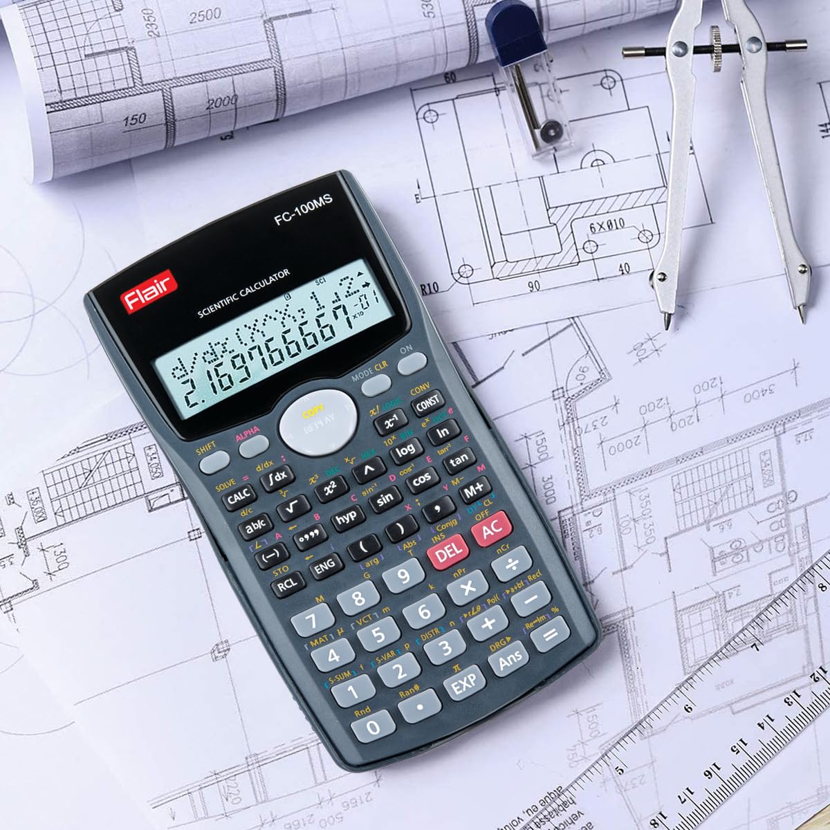 Flair FC-100MS Desktop Series Scientific Calculator | 300 Functions with 40 Scientific Calculations | Two Line Display | 10 + 2 Digits Calculator | for Student & Financial Work | Black, Pack of 1