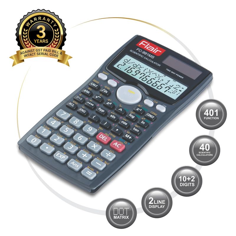 Flair FC-991 MS Scientific Calculator | 401 Functions with 40 Scientific Calculations | Two Line Display | Matrix & Vector Calculations | Two Way Power | 10 + 2 Digits Calculator | Black, Pack of 1 Flair FC-991 MS Scientific Calculator | 401 Functions with 40 Scientific Calculations | Two Line Display | Matrix & Vector Calculations | Two Way Power | 10 + 2 Digits Calculator | Black, Pack of 1
