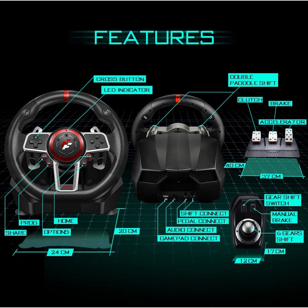 Flashfire Suzuka 900R Racing Wheel Set With Clutch pedals and H-shifter for PC, PS3, PS4, Xbox 360, XBOX ONE and Nintendo Switch(Es900R)