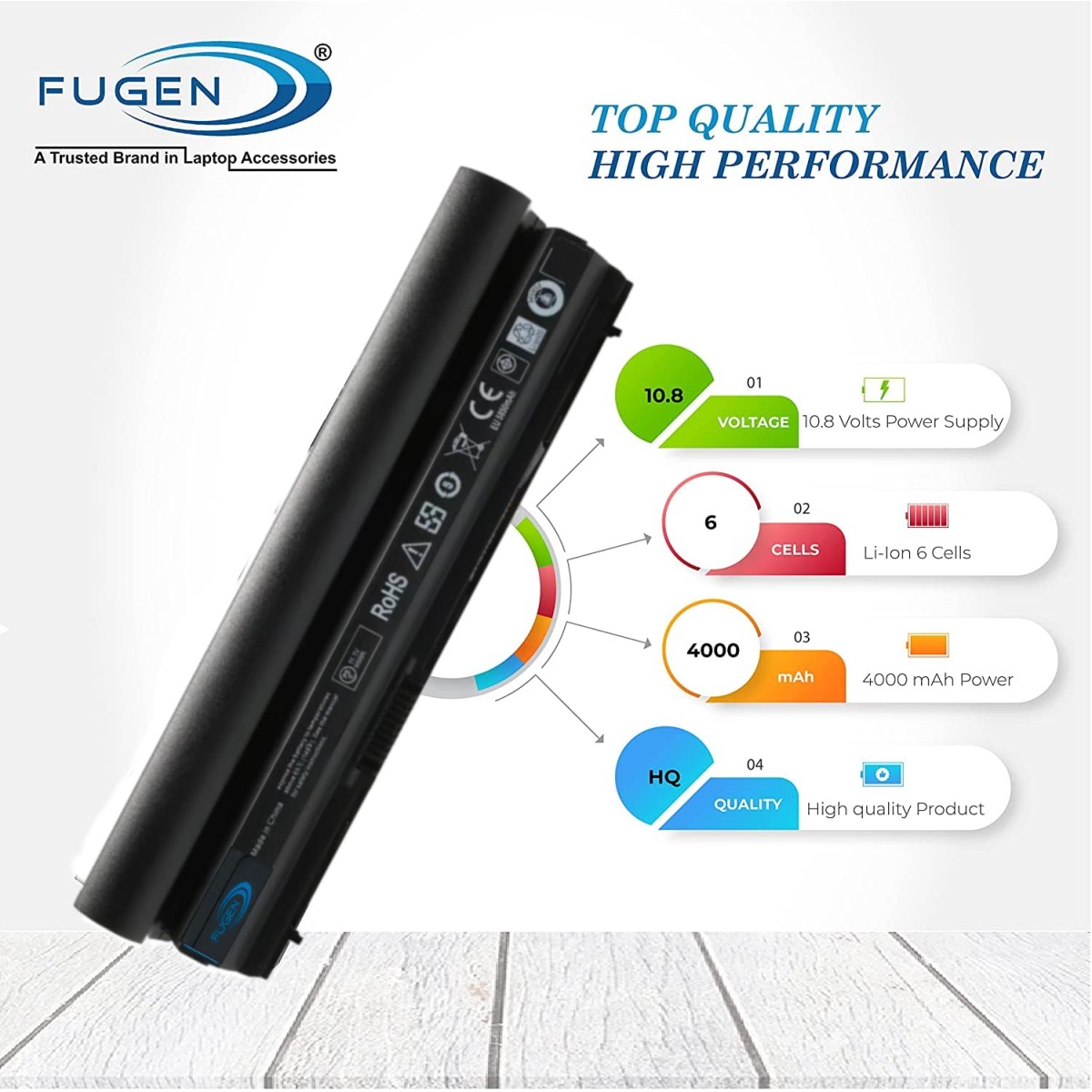 Fugen 6 Cell Laptop Battery for de-ll Latitude E6120, E6220, E6230, E6320, E6320 XFR, E6330, E6430S, 09K6P Black