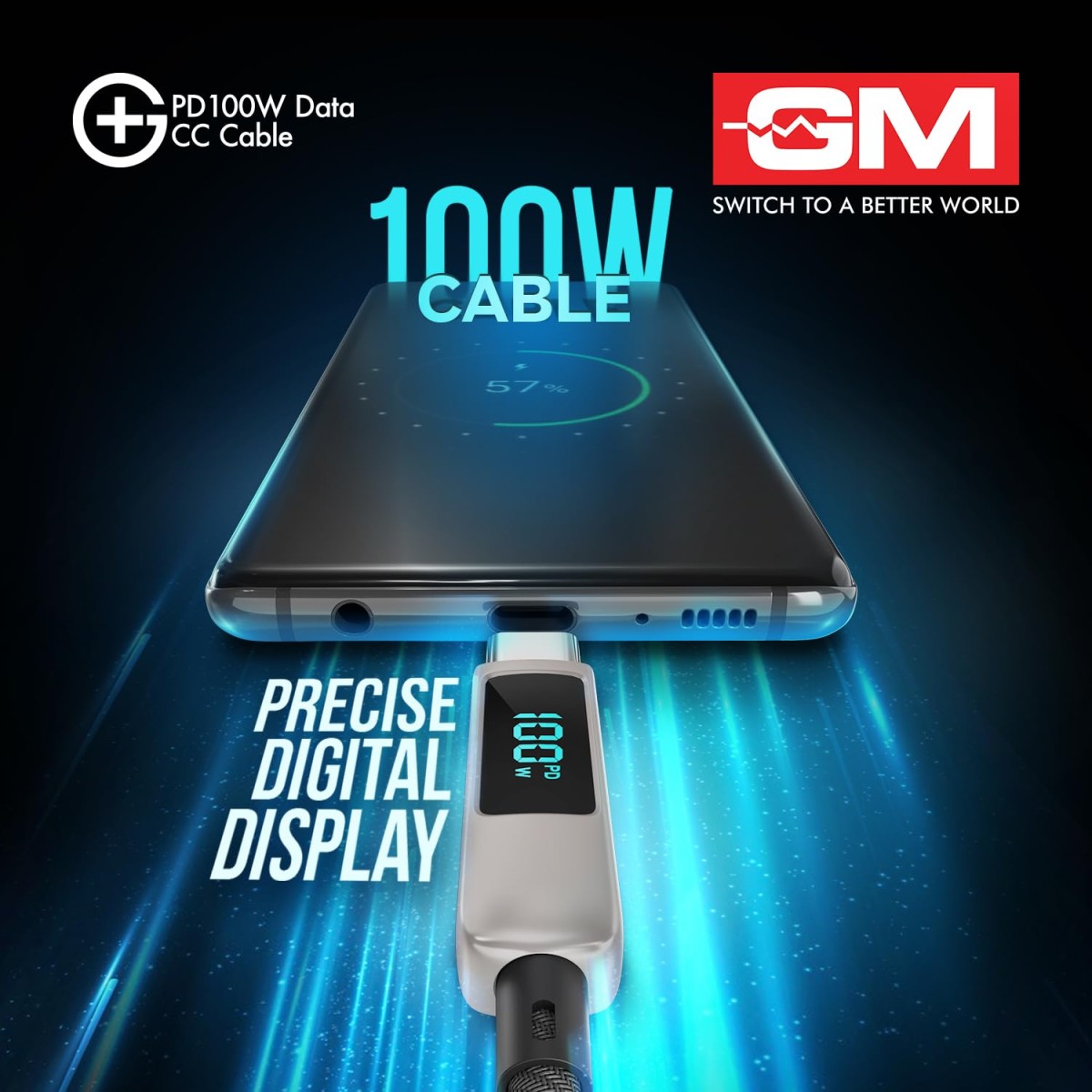 G+ PD 100W Data CC Cable,Type-C to Type-C Fast Charging Cord | LED Digital Display of Power Output and Tough Fiber Braided Cord