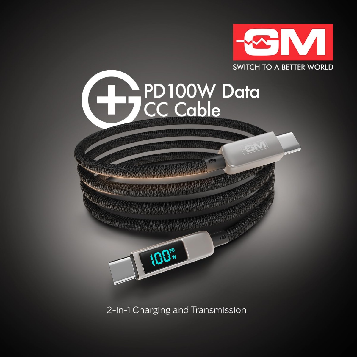 G+ PD 100W Data CC Cable,Type-C to Type-C Fast Charging Cord | LED Digital Display of Power Output and Tough Fiber Braided Cord