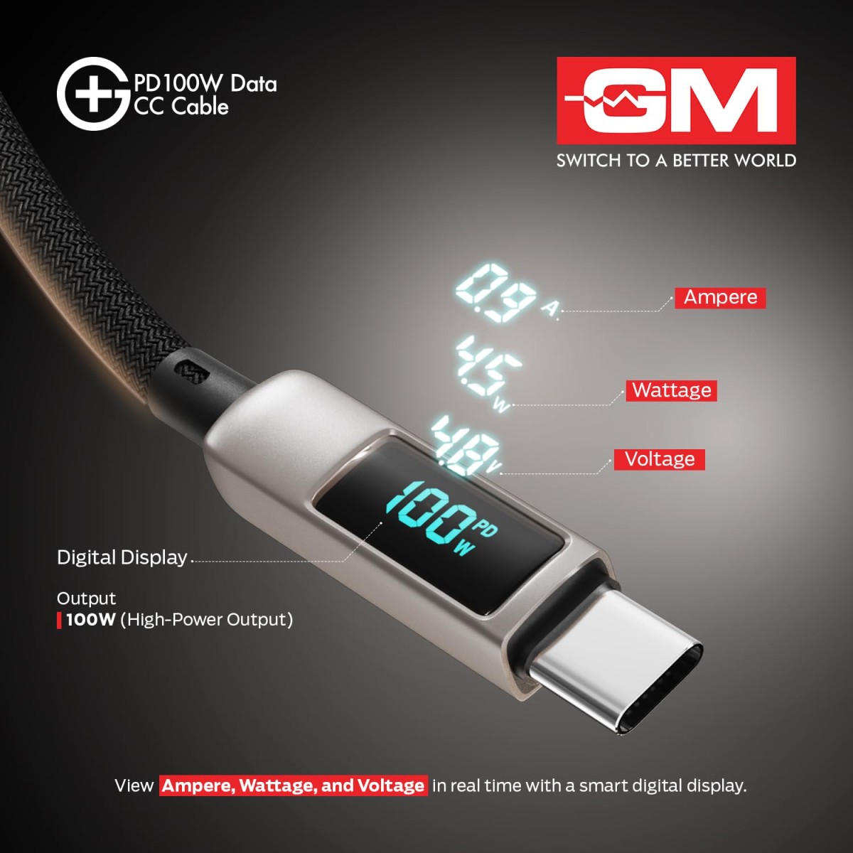 G+ PD 100W Data CC Cable,Type-C to Type-C Fast Charging Cord | LED Digital Display of Power Output and Tough Fiber Braided Cord
