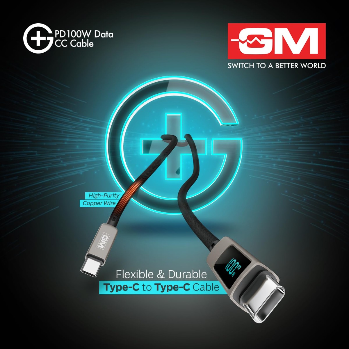 G+ PD 100W Data CC Cable,Type-C to Type-C Fast Charging Cord | LED Digital Display of Power Output and Tough Fiber Braided Cord