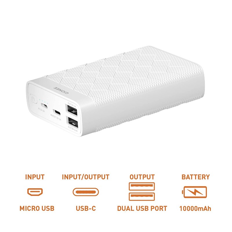 GIONEE 10000 mAh Fast Charging 15 W Power Bank PB10K1D (White)