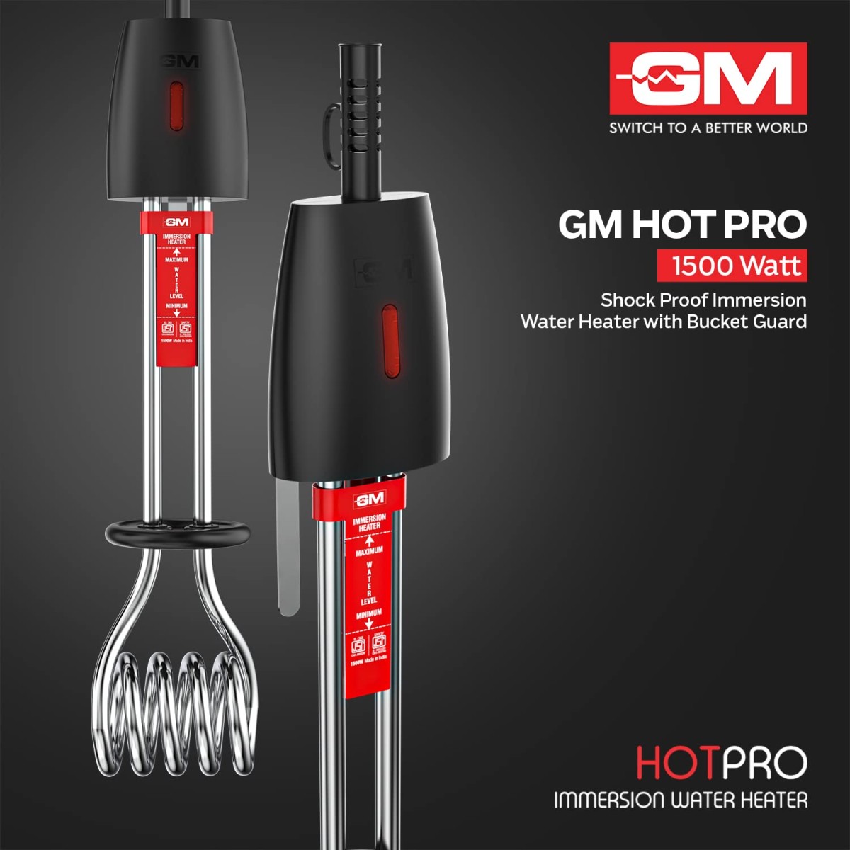 GM Immersion Rod Water Heater with Bucket Guard 1500W 16 AMP Plug Superior Copper Element Heat Resistant Handle Nickel Plated Prevents Corrosion Double ISI Certified 1.6M Cord 2 Years Warranty