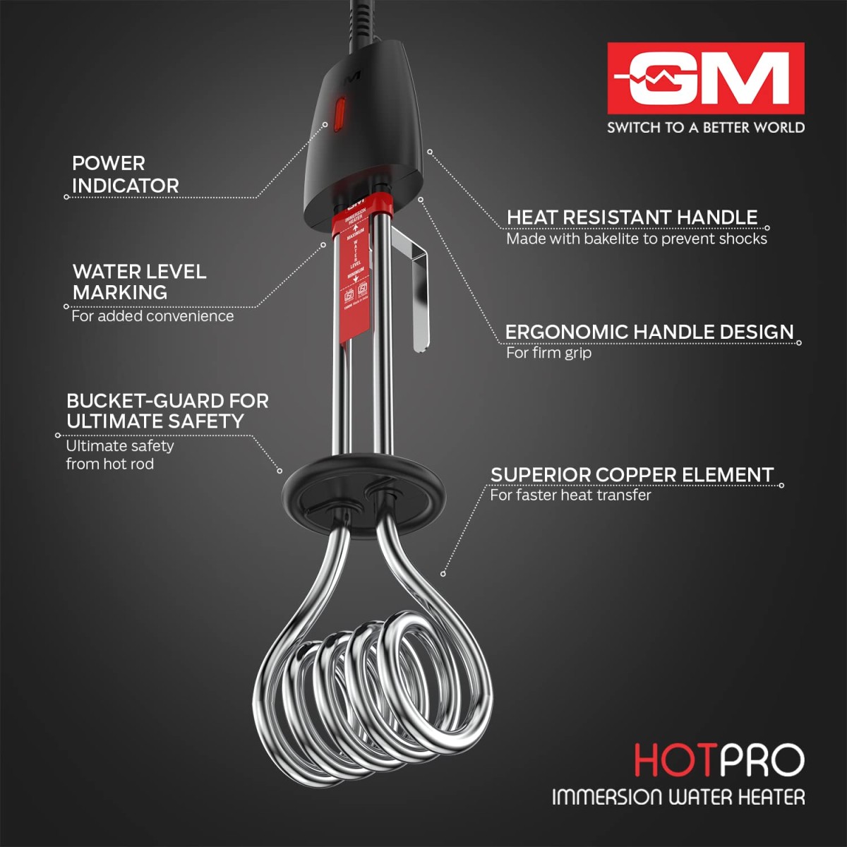 GM Immersion Rod Water Heater with Bucket Guard 1500W 16 AMP Plug Superior Copper Element Heat Resistant Handle Nickel Plated Prevents Corrosion Double ISI Certified 1.6M Cord 2 Years Warranty