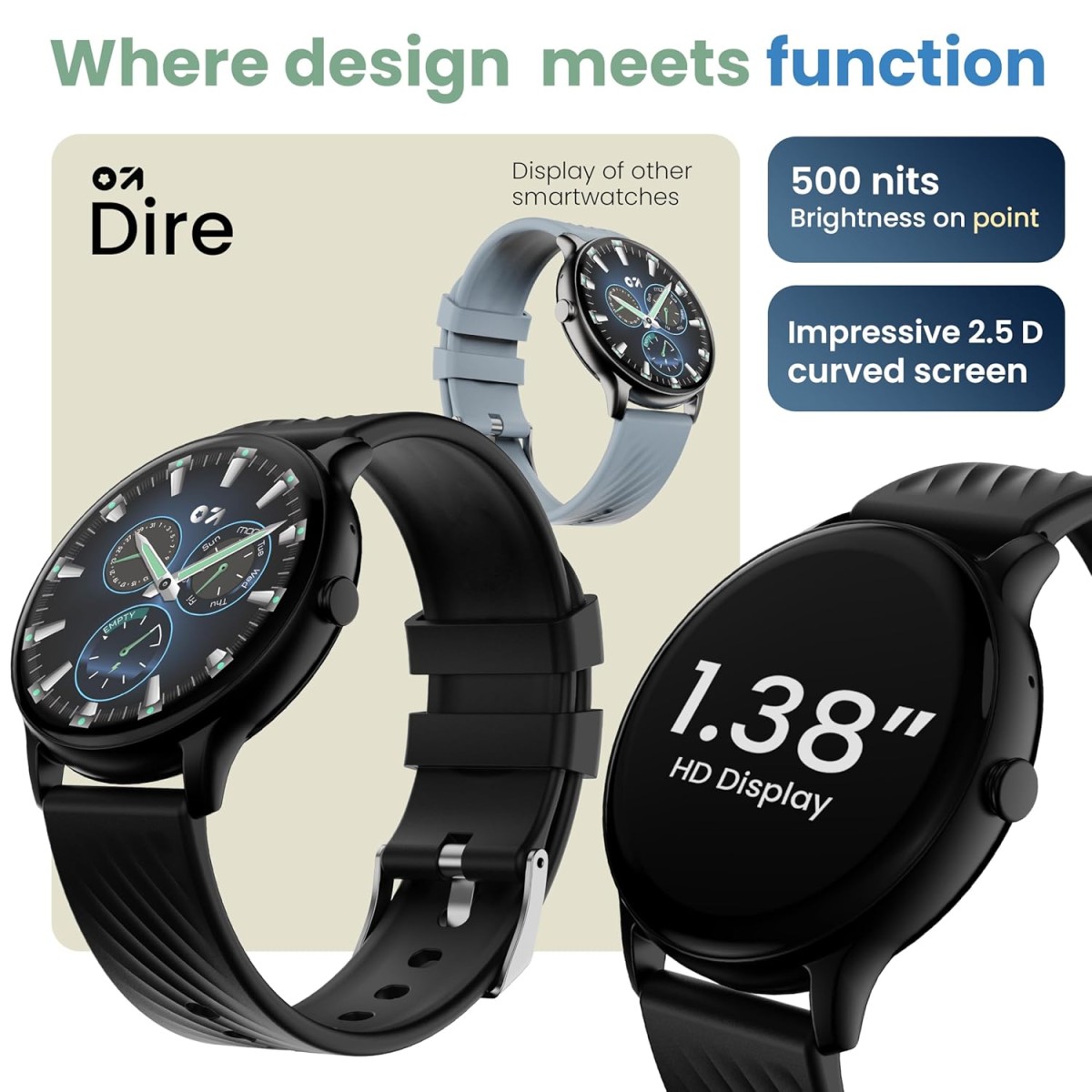 GOBOULT Dire Smart Watch with 1.38'' 2.5D Curved HD Display, BT Calling, IP67, 500 Nits Brightness,250+ Watchfaces, 120+Sports Mode, AI Voice Assistant, SpO2 Monitoring (Black Strap) GOBOULT Dire Smart Watch with 1.38'' 2.5D Curved HD Display, BT Calling, IP67, 500 Nits Brightness,250+ Watchfaces, 120+Sports Mode, AI Voice Assistant, SpO2 Monitoring (Black Strap)