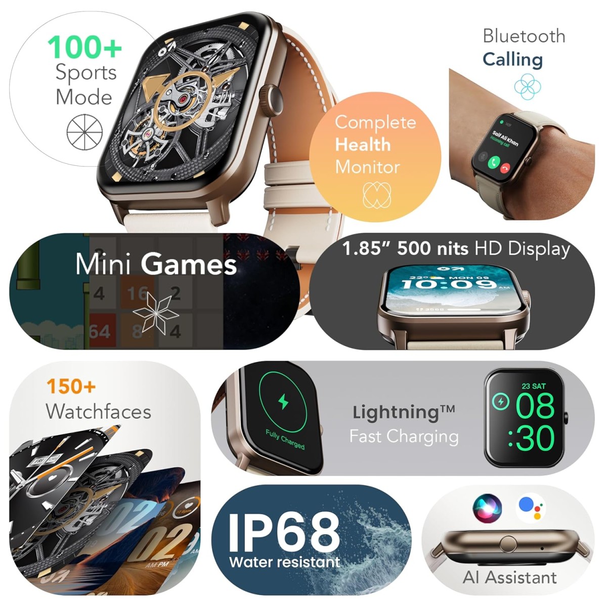 GOBOULT Drift+ Smart Watch 1.85''HD Screen,Bluetooth Calling, IP67, 500Nits Brightness,150+ Watchfaces, AI Voice Assistant, SpO2 Monitoring, 100+ Sports Mode Smartwatch (Snow Leather) GOBOULT Drift+ Smart Watch 1.85''HD Screen,Bluetooth Calling, IP67, 500Nits Brightness,150+ Watchfaces, AI Voice Assistant, SpO2 Monitoring, 100+ Sports Mode Smartwatch (Snow Leather)