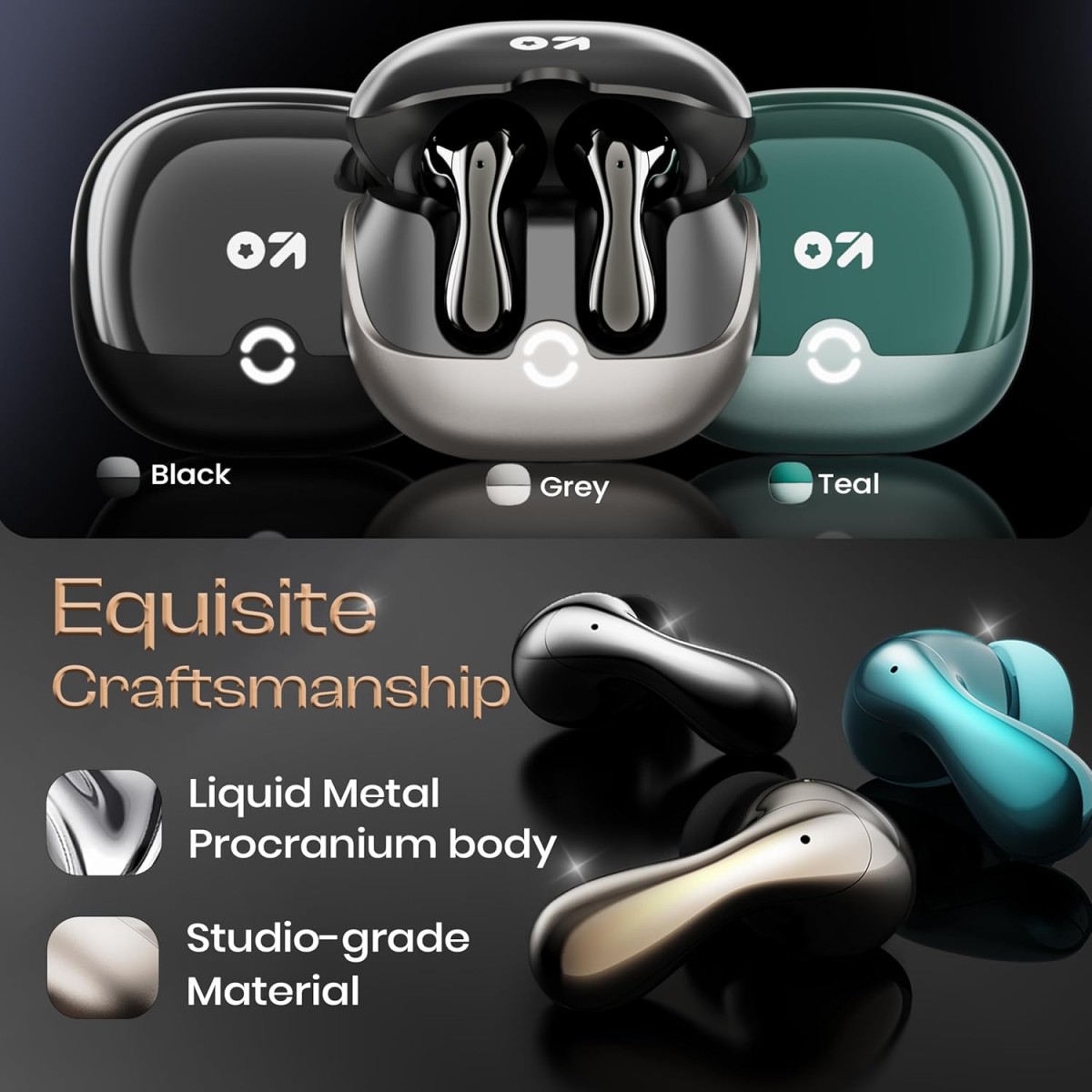 GOBOULT Klarity 1 in Ear TWS Earbuds with 80Hrs Playtime, Liquid Metal Body, Dual Device Pairing, 4 Mics ENC, 45ms Low Latency, IPX5, 13mm Bass Drivers Ear Buds Bluetooth 5.4 (Black)