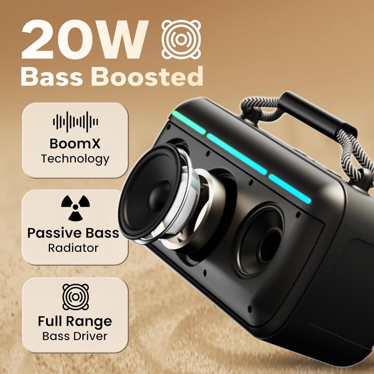 GOBOULT Newly Launched Bassbox Q20 Bluetooth Speaker 20 Watt BoomX Audio, Up to 8Hrs Playtime, Type-C Charging, AUX/TF Card/USB, BTv 5.3, RGB LED Lights, Portable Speaker(Black) GOBOULT Newly Launched Bassbox Q20 Bluetooth Speaker 20 Watt BoomX Audio, Up to 8Hrs Playtime, Type-C Charging, AUX/TF Card/USB, BTv 5.3, RGB LED Lights, Portable Speaker(Black)