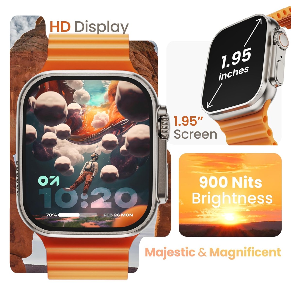 GOBOULT Newly Launched Crown Smart Watch 1.95'' Screen, BT Calling, Working Crown,Zinc Alloy Frame,900Nits Brightness, AI Voice Assistant,SpO2 Monitoring, 120+ Sports Mode (Tangerine) GOBOULT Newly Launched Crown Smart Watch 1.95'' Screen, BT Calling, Working Crown,Zinc Alloy Frame,900Nits Brightness, AI Voice Assistant,SpO2 Monitoring, 120+ Sports Mode (Tangerine)