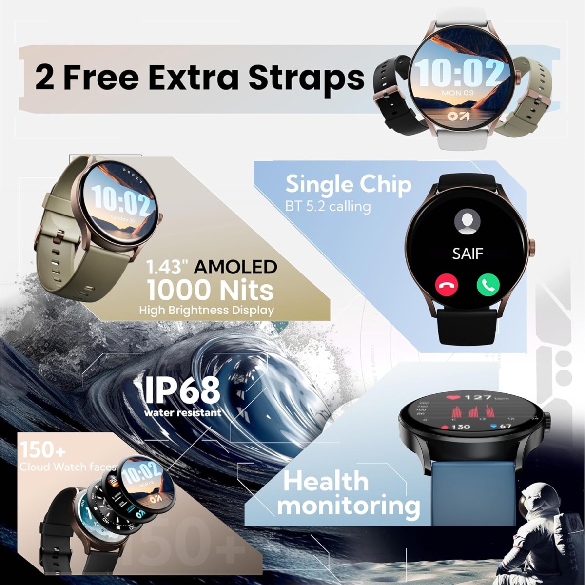 GOBOULT Rover Pro Smart Watch 1.43'' AMOLED, Free Straps, Bluetooth Calling, IP68, Zinc Alloy Frame, 1000 Nits Brightness, AI Voice Assistant, SpO2, 120+ Sports Mode Smartwatch (Icon) GOBOULT Rover Pro Smart Watch 1.43'' AMOLED, Free Straps, Bluetooth Calling, IP68, Zinc Alloy Frame, 1000 Nits Brightness, AI Voice Assistant, SpO2, 120+ Sports Mode Smartwatch (Icon)