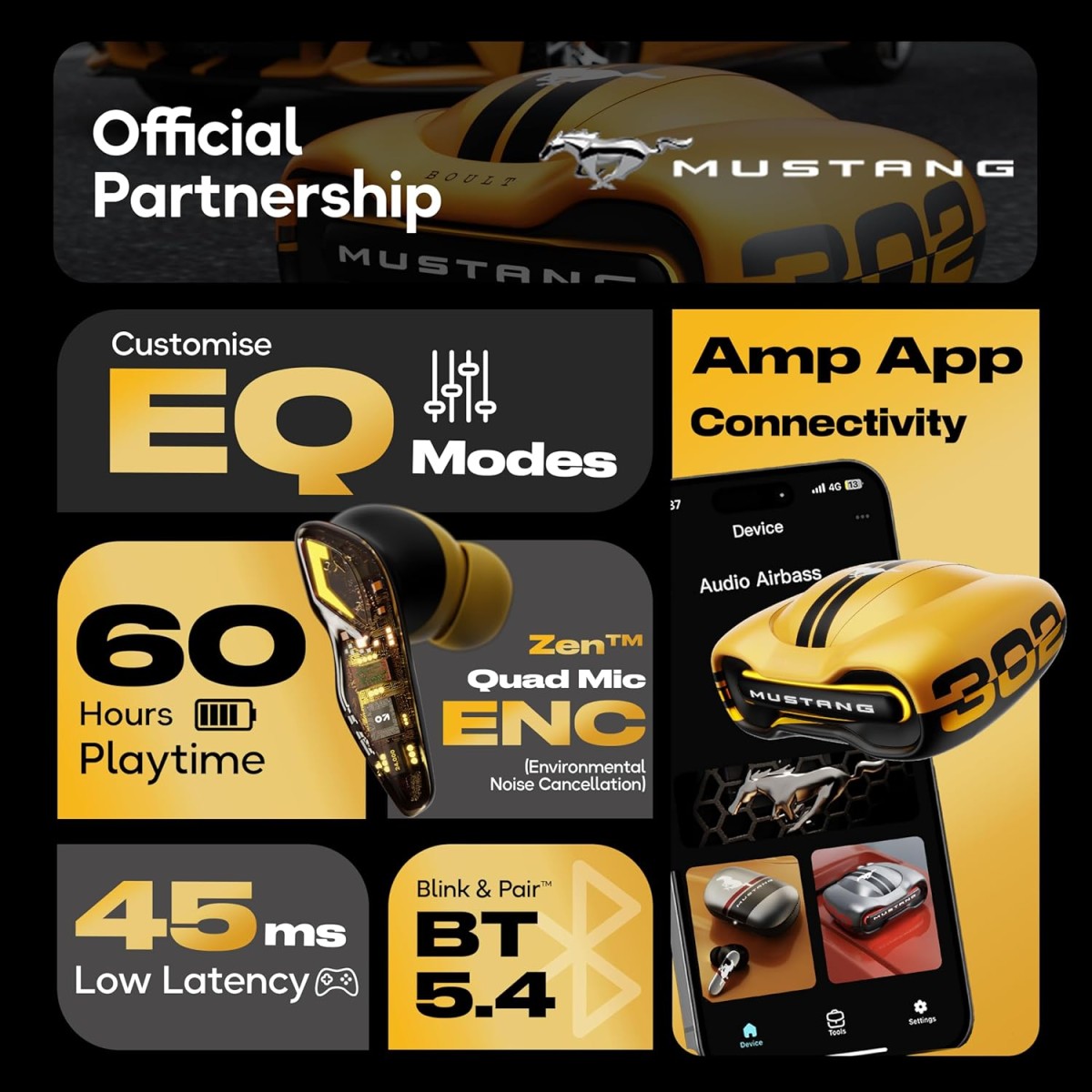 GOBOULT x Mustang Torq Wireless in Ear Earbuds with 60H Playtime, App Support, Quad Mic ENC, 45ms Low Latency