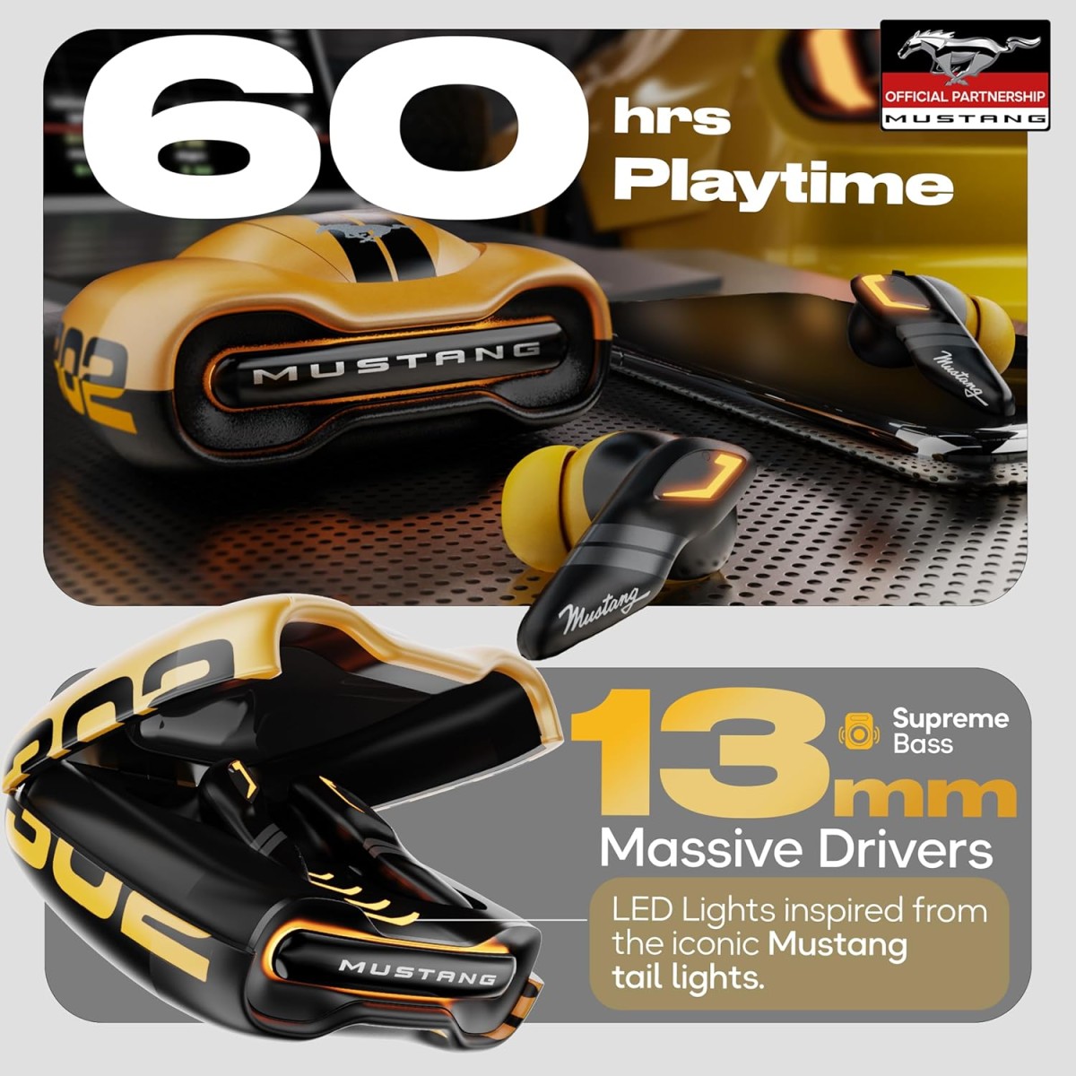 GOBOULT x Mustang Torq Wireless in Ear Earbuds with 60H Playtime, App Support, Quad Mic ENC, 45ms Low Latency