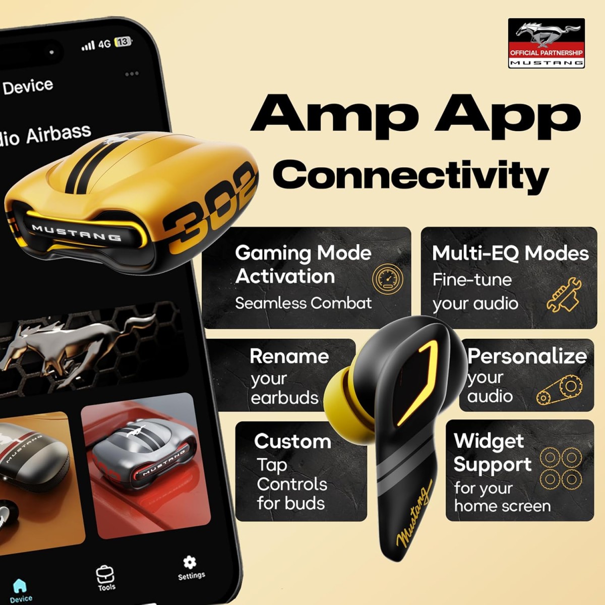 GOBOULT x Mustang Torq Wireless in Ear Earbuds with 60H Playtime, App Support, Quad Mic ENC, 45ms Low Latency