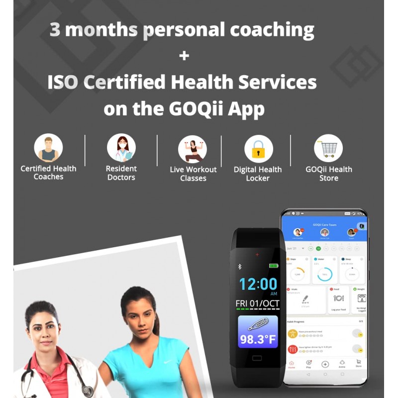 GOQii Vital 3.0 Full Touch, Smart Notification Waterproof, Smart tracker For Android Phones, Body Temperature,Blood Pressure, Heart Rate & Sleep Tracking with 3 months Personal Health Coaching (Black) GOQii Vital 3.0 Full Touch, Smart Notification Waterproof, Smart tracker For Android Phones, Body Temperature,Blood Pressure, Heart Rate & Sleep Tracking with 3 months Personal Health Coaching (Black)