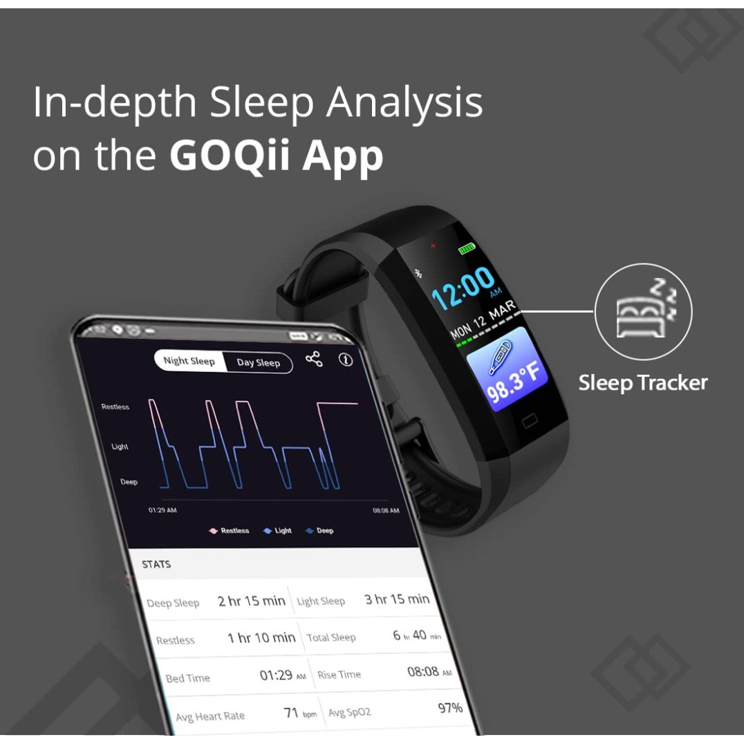 GOQii Vital 3.0 Full Touch, Smart Notification Waterproof, Smart tracker For Android Phones, Body Temperature,Blood Pressure, Heart Rate & Sleep Tracking with 3 months Personal Health Coaching (Black)