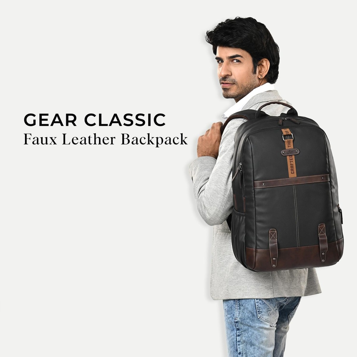 Gear Classic 4 19"/31L Anti Theft Faux Leather Medium Water Resistant 3 Compartment Laptop Backpack/Casual Backpack/Daypack/Travel Backpack/College Bag For Men/Women(Black-Brown)