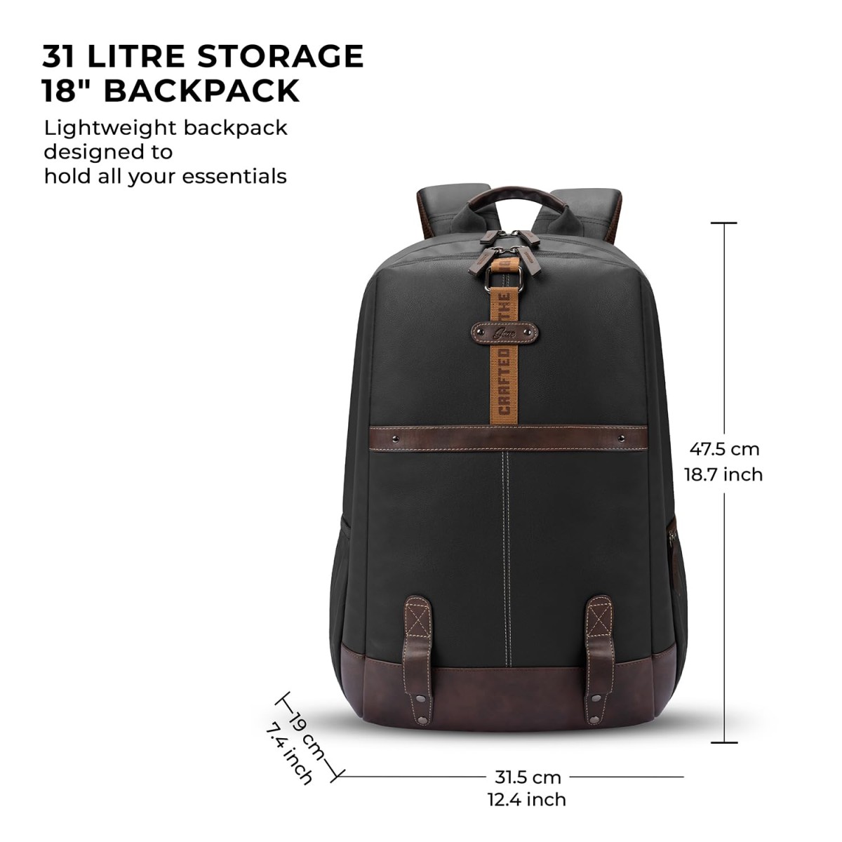 Gear Classic 4 19"/31L Anti Theft Faux Leather Medium Water Resistant 3 Compartment Laptop Backpack/Casual Backpack/Daypack/Travel Backpack/College Bag For Men/Women(Black-Brown)