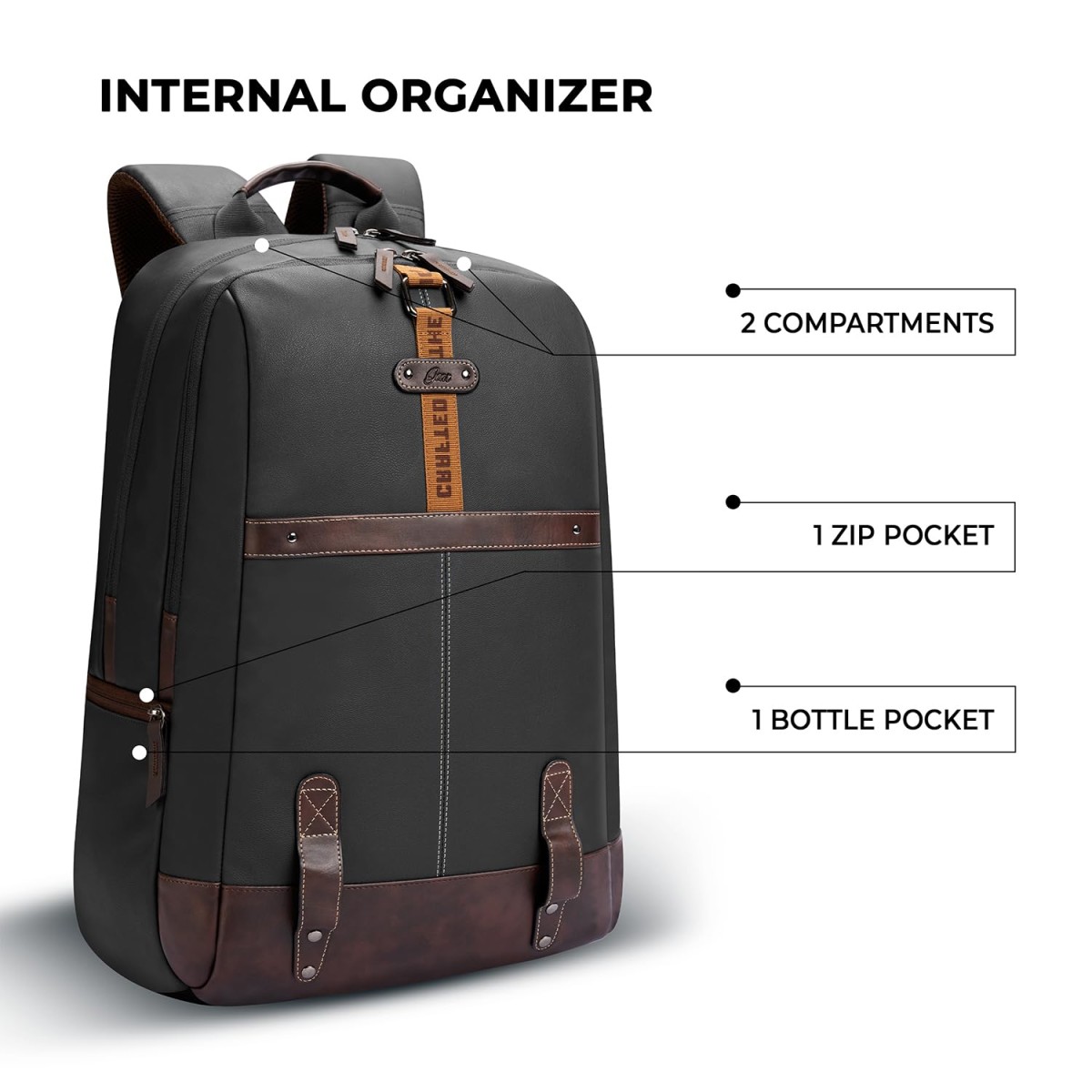 Gear Classic 4 19"/31L Anti Theft Faux Leather Medium Water Resistant 3 Compartment Laptop Backpack/Casual Backpack/Daypack/Travel Backpack/College Bag For Men/Women(Black-Brown)