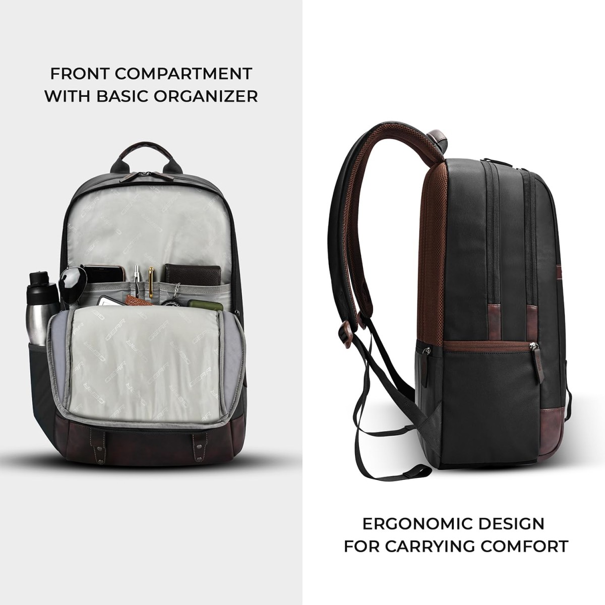 Gear Classic 4 19"/31L Anti Theft Faux Leather Medium Water Resistant 3 Compartment Laptop Backpack/Casual Backpack/Daypack/Travel Backpack/College Bag For Men/Women(Black-Brown)