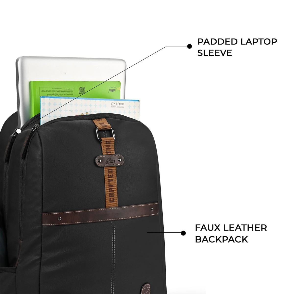 Gear Classic 4 19"/31L Anti Theft Faux Leather Medium Water Resistant 3 Compartment Laptop Backpack/Casual Backpack/Daypack/Travel Backpack/College Bag For Men/Women(Black-Brown)