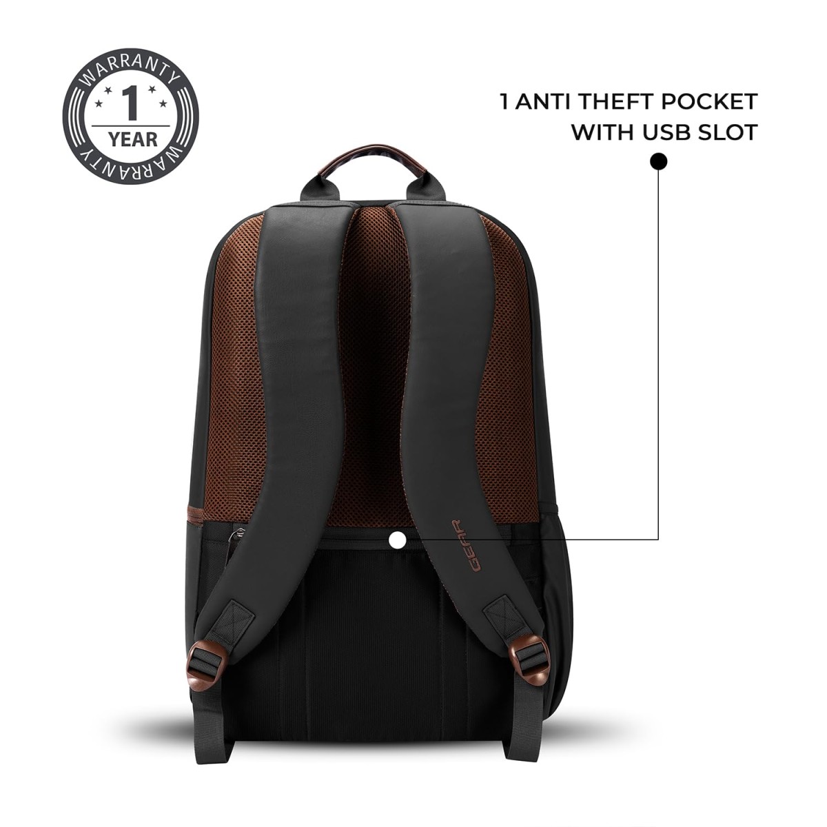 Gear Classic 4 19"/31L Anti Theft Faux Leather Medium Water Resistant 3 Compartment Laptop Backpack/Casual Backpack/Daypack/Travel Backpack/College Bag For Men/Women(Black-Brown)