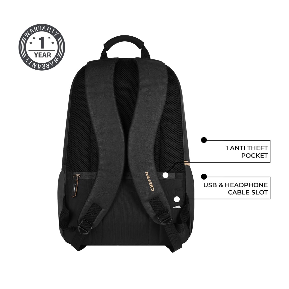 Gear Classic 28 L Anti Theft Faux Leather 14 cms Black Laptop Backpack (LBPCLSLTH0101) 
