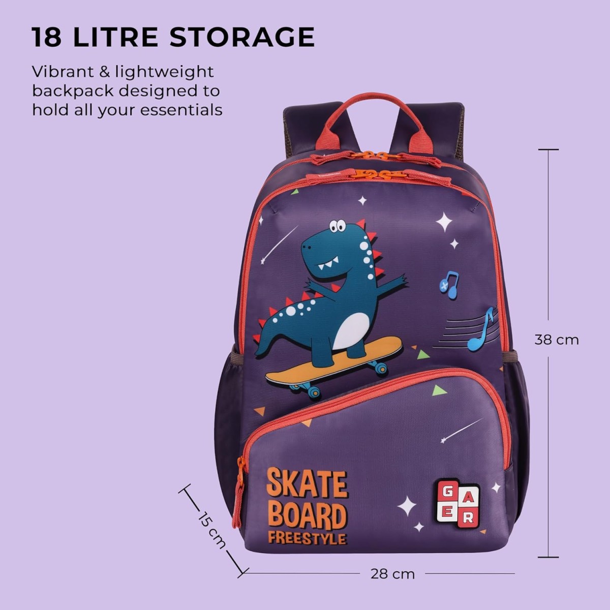 Gear Dino 15"/18L Medium Water Resistant School Bag/Casual Backpack/Daypack/Travel Backpack/Kids Bag for Boys/Girls (Purple)