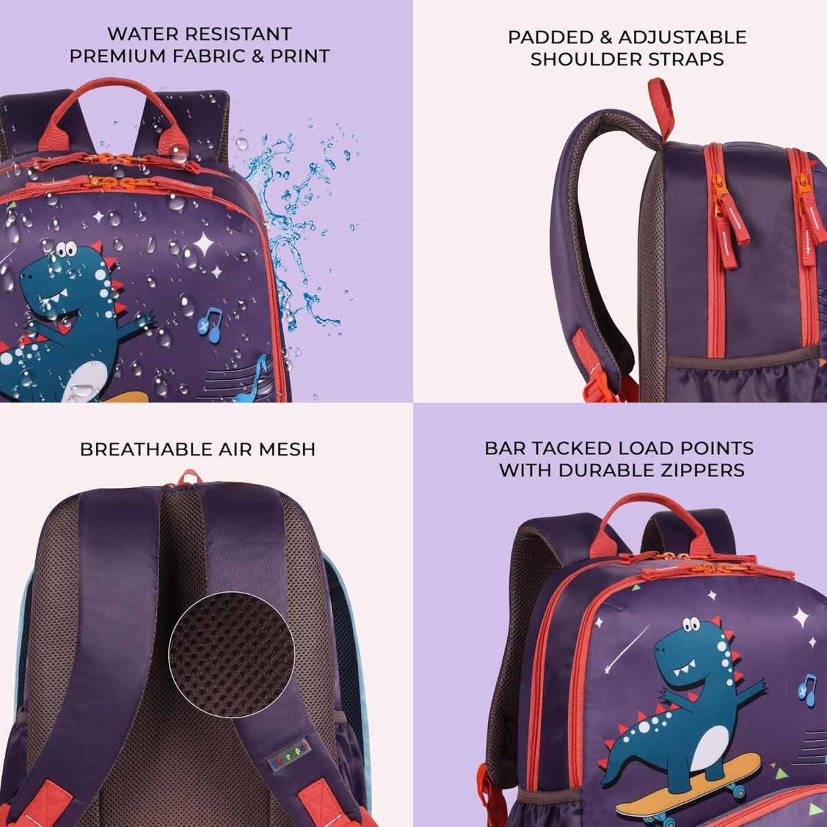 Gear Dino 15"/18L Medium Water Resistant School Bag/Casual Backpack/Daypack/Travel Backpack/Kids Bag for Boys/Girls (Purple)