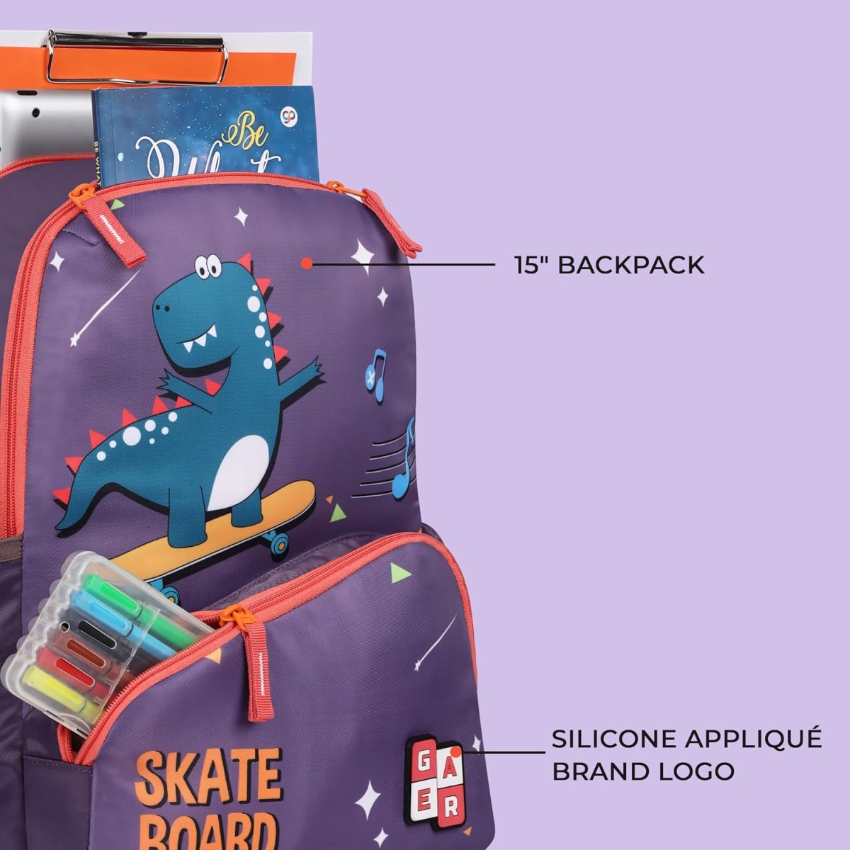 Gear Dino 15"/18L Medium Water Resistant School Bag/Casual Backpack/Daypack/Travel Backpack/Kids Bag for Boys/Girls (Purple)