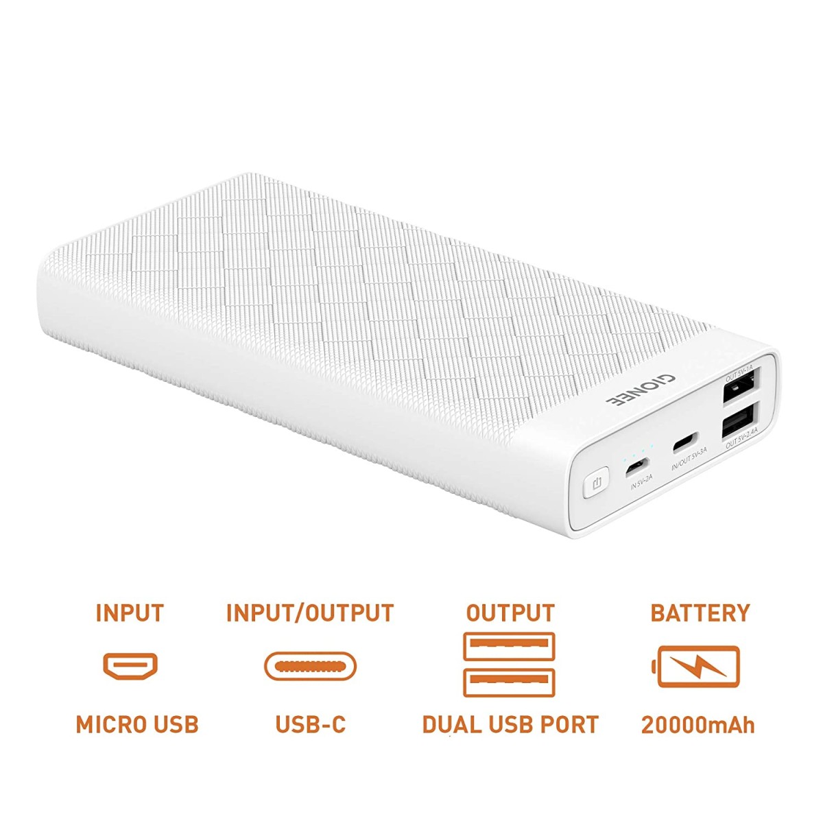 Gionee 20000 mAh Lithium Polymer Power Bank PB20K1D with 15 Watt Fast Charging, White