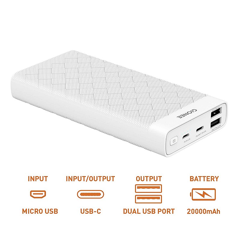 Gionee 20000 mAh Lithium Polymer Power Bank PB20K1D with 15 Watt Fast Charging, White