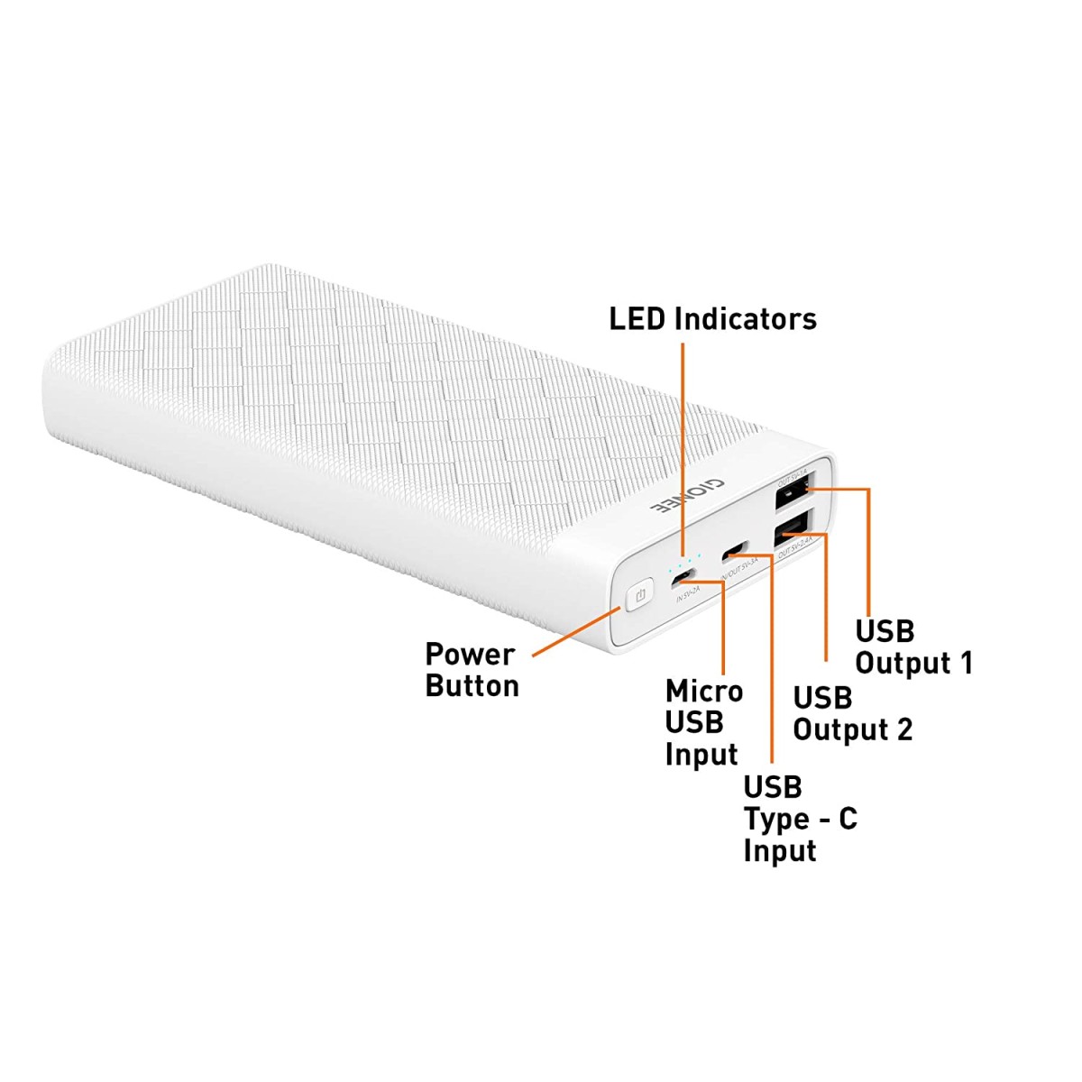 Gionee 20000 mAh Lithium Polymer Power Bank PB20K1D with 15 Watt Fast Charging, White