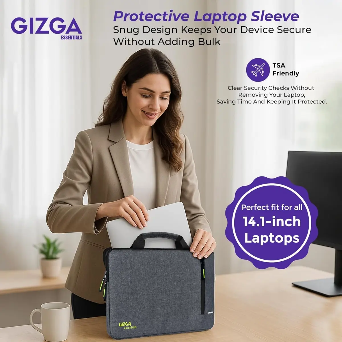 Gizga Essentials 14.1 Inch Laptop Sleeve Case Cover Pouch Bag with Handle & Front Pocket| Slim & Water-Resistant Nylon Fabric with Shockproof Foam Padding, Soft Lining & Premium Zipper Closure (Grey)