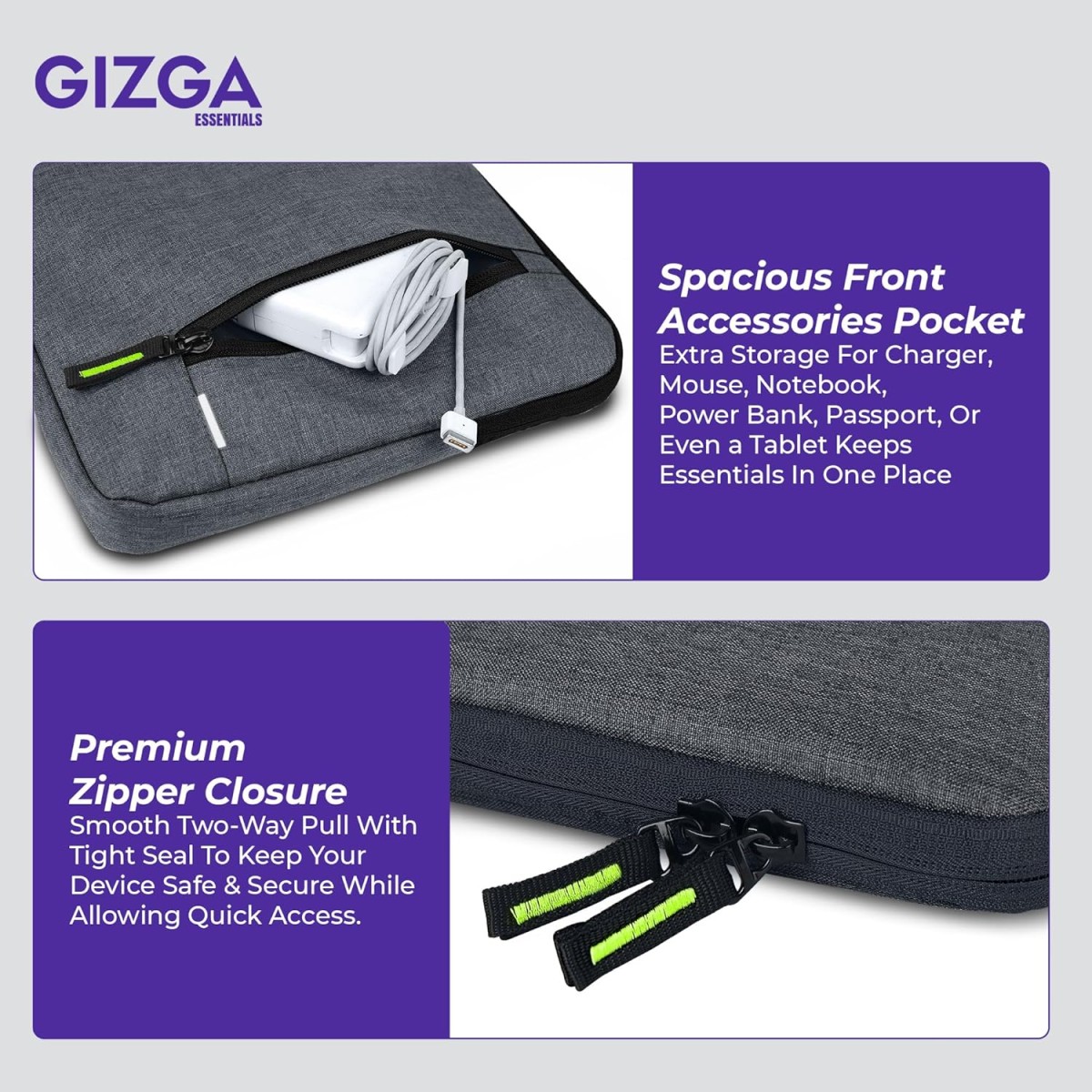 Gizga Essentials 14.1 Inch Laptop Sleeve Case Cover Pouch Bag with Handle & Front Pocket| Slim & Water-Resistant Nylon Fabric with Shockproof Foam Padding, Soft Lining & Premium Zipper Closure (Grey) Gizga Essentials 14.1 Inch Laptop Sleeve Case Cover Pouch Bag with Handle & Front Pocket| Slim & Water-Resistant Nylon Fabric with Shockproof Foam Padding, Soft Lining & Premium Zipper Closure (Grey)