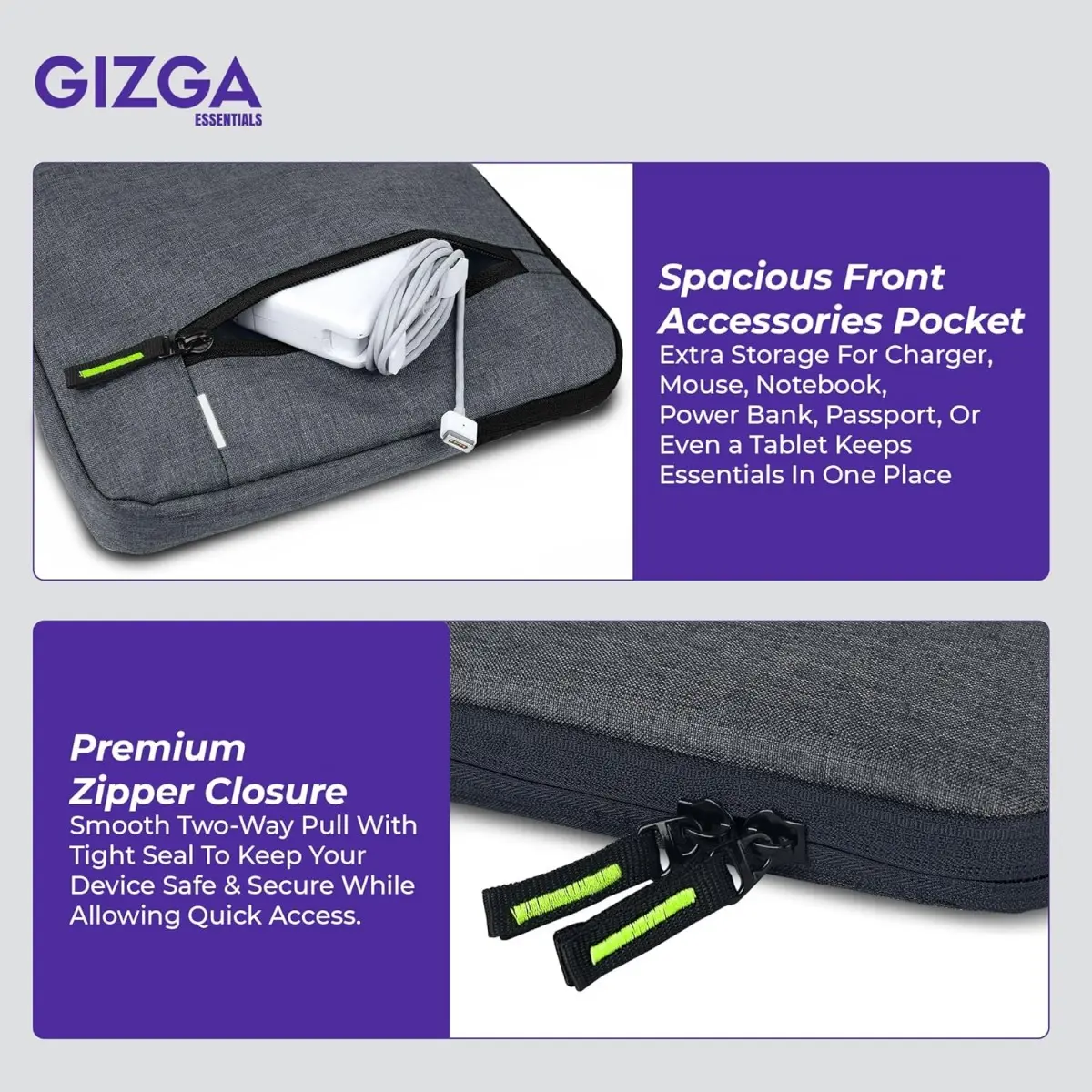 Gizga Essentials 14.1 Inch Laptop Sleeve Case Cover Pouch Bag with Handle & Front Pocket| Slim & Water-Resistant Nylon Fabric with Shockproof Foam Padding, Soft Lining & Premium Zipper Closure (Grey)