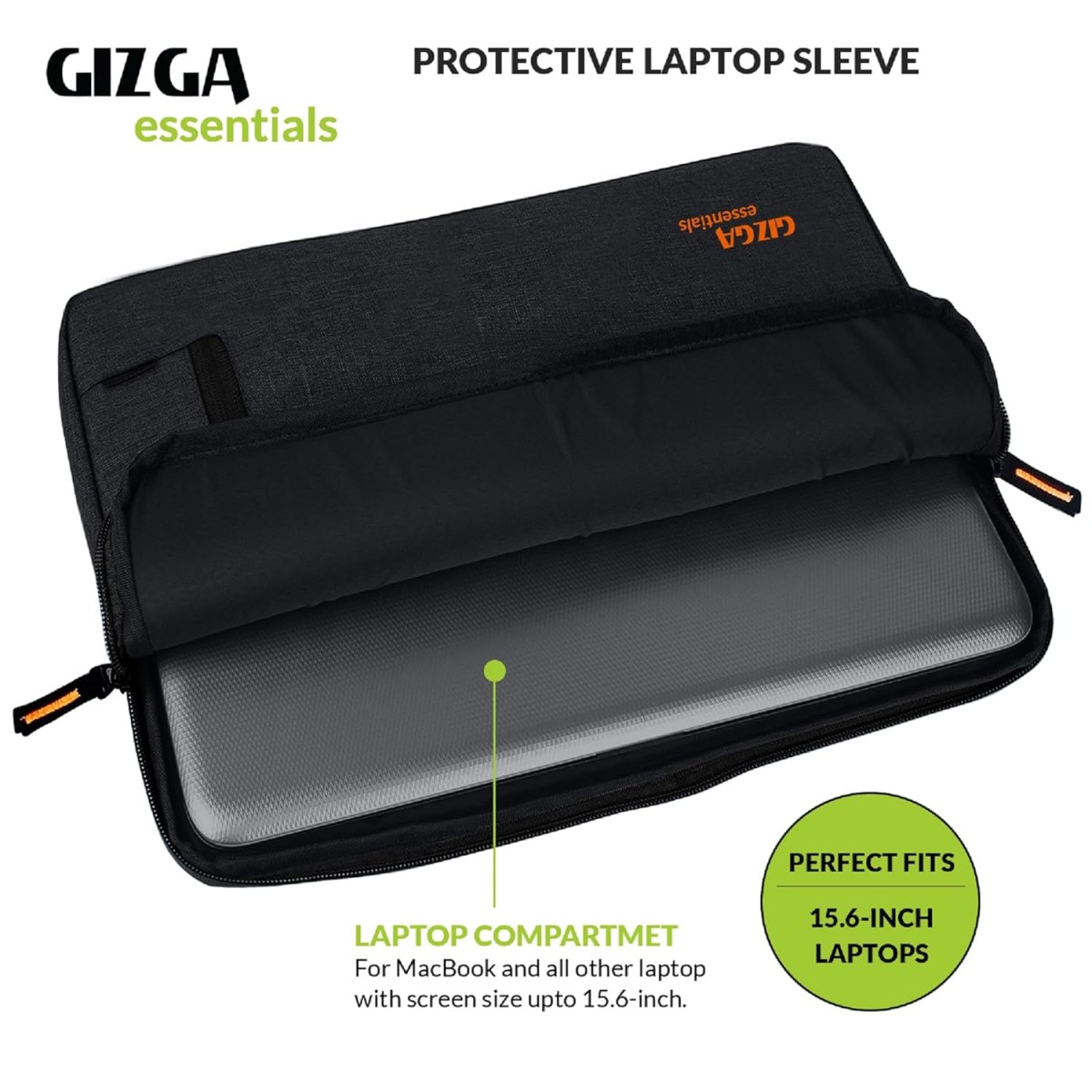 Gizga Essentials 15.6 Inch Laptop Sleeve Case Cover Bag with Extra Pouch & Front Pocket | Slim & Water-Resistant Nylon Fabric with Shockproof Foam Padding, Soft Lining & Premium Zipper Closure (Black)