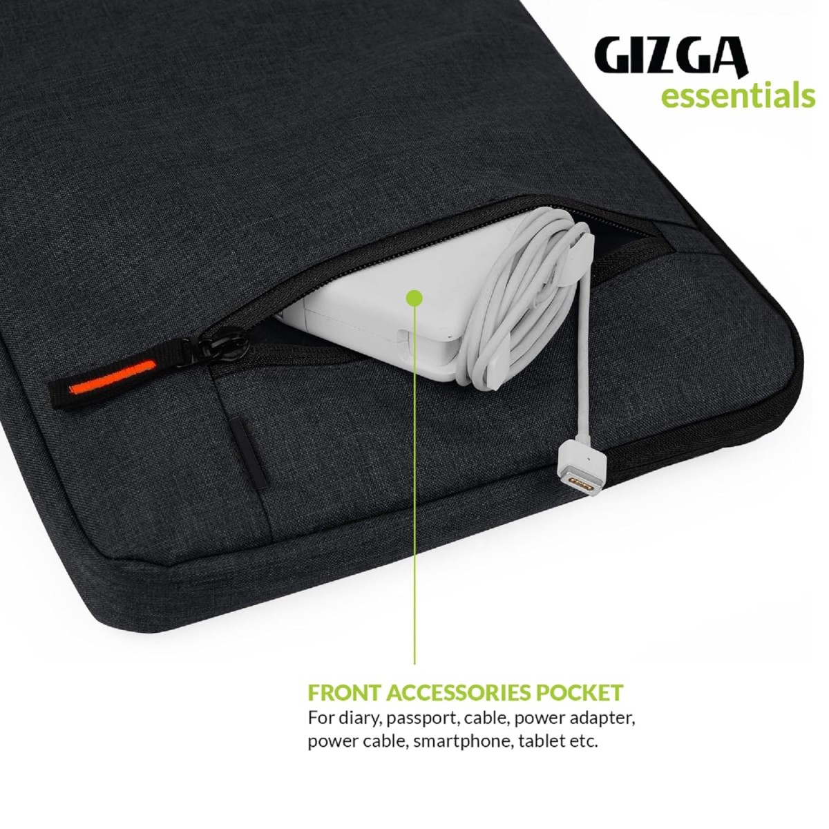 Gizga Essentials 15.6 Inch Laptop Sleeve Case Cover Bag with Extra Pouch & Front Pocket | Slim & Water-Resistant Nylon Fabric with Shockproof Foam Padding, Soft Lining & Premium Zipper Closure (Black)