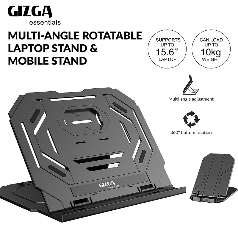 Gizga Essentials 2-in-1 Laptop Stand 360° Rotating 10 Adjustable Angles for All 12-15.6-Inch Laptops Notebook with Mobile Holder (Black)