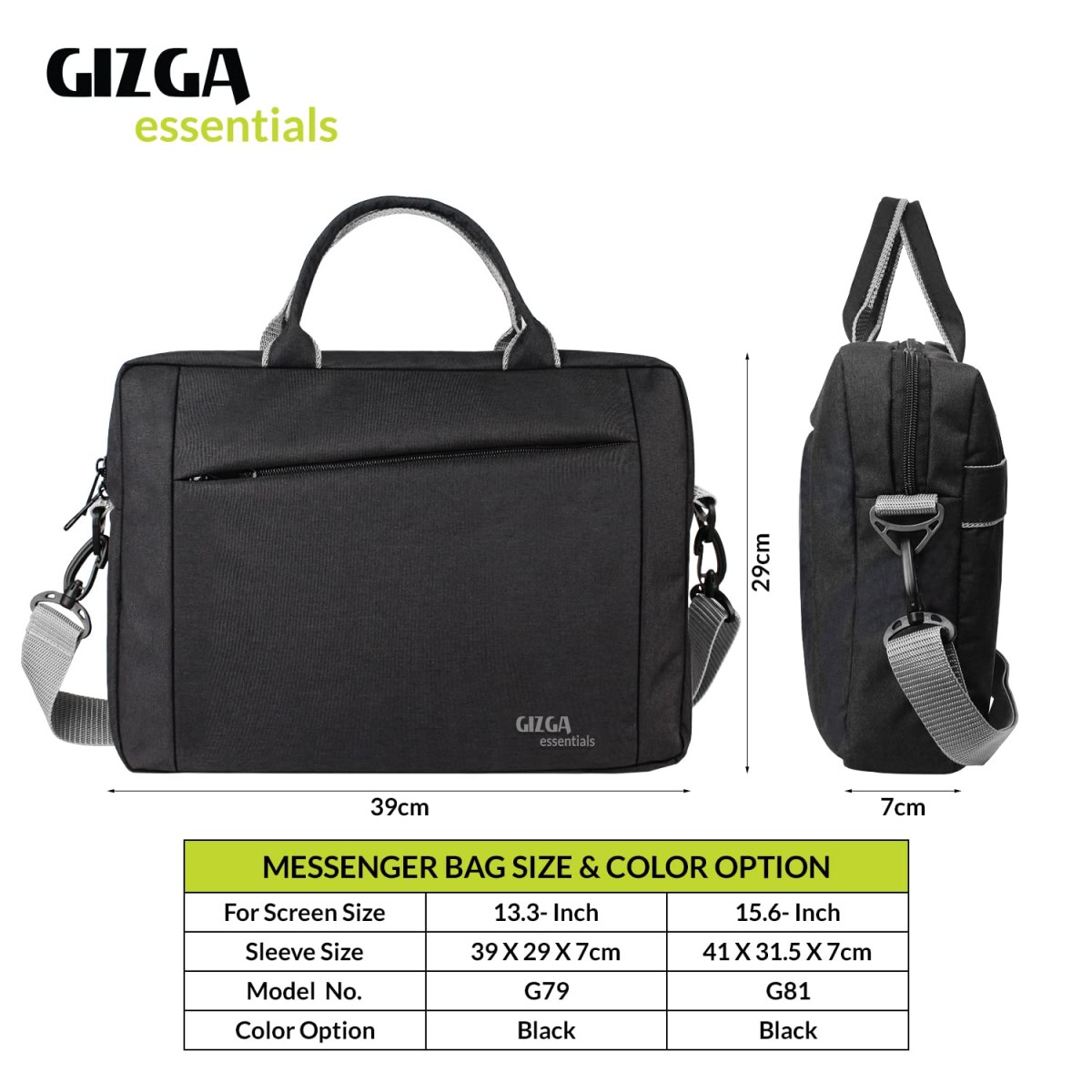 Gizga Essentials Laptop Messenger Bag with Shoulder Strap & Accessories Pocket, Handle Sleeve Case Cover for 13.3 Inch Laptop Notebook Black