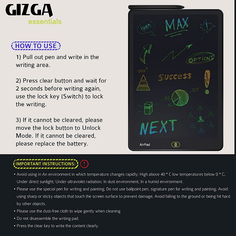 Gizga Essentials Magic Slate Digital LCD Writing Tablet with Stylus Pen & 16-Inch Screen