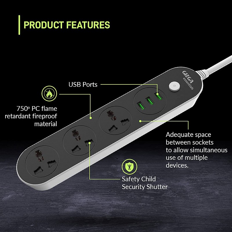 Gizga Essentials Power Extension Board 3 USB 3.1A Auto-Max Ports, 3 Universal Thermal Trip Electrical Multi Plug Sockets Black