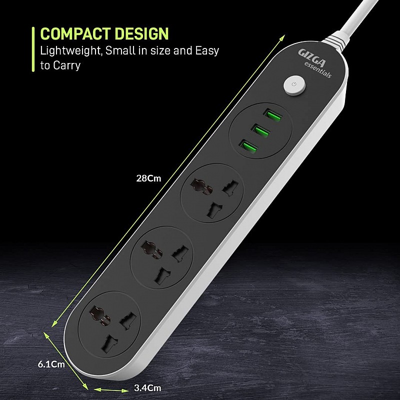 Gizga Essentials Power Extension Board 3 USB 3.1A Auto-Max Ports, 3 Universal Thermal Trip Electrical Multi Plug Sockets Black