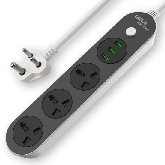 Gizga Essentials Power Extension Board 3 USB 3.1A Auto-Max Ports, 3 Universal Thermal Trip Electrical Multi Plug Sockets Black