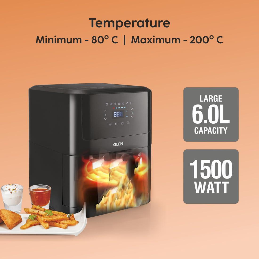 Glen Digital Air Fryer, 6 Litre, 1500W Airfryer with 7 Pre-Set Functions, Auto Sleep, Digital Controls, Timer & Temperature Control, Bake, Fry, Roast & Grill with Less Oil, Large Black (SA-3042DBL)