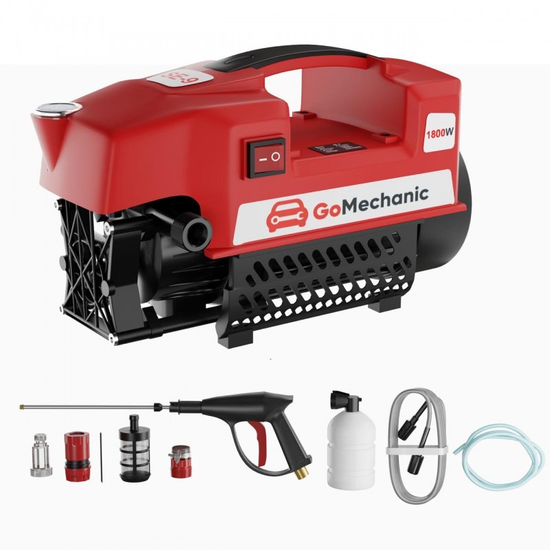 GoMechanic Car Washer High Pressure Pump Machine - Portable Washing Gun - 2200 Watts, 140 Bars & 7.5L/Min Flow Rate - 8 Meters Outlet Hose for Car, Bike & Home Cleaning Purpose (Black-Red)