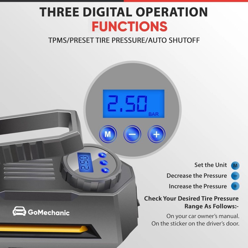 GoMechanic Digital Tyre Inflator for Car - 150 psi, 12V DC Portable Air Pump/Compressor with Digital Tyre Pressure Gauge, Suitable for Bikes, Bicycles or Any Inflatable With LED Light (Gusto T2)