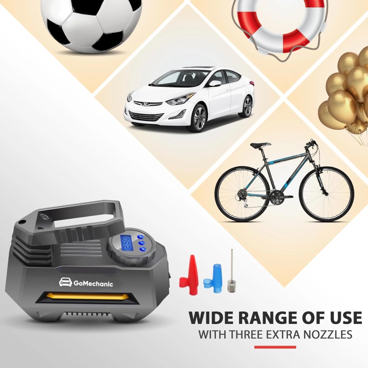 GoMechanic Digital Tyre Inflator for Car - 150 psi, 12V DC Portable Air Pump/Compressor with Digital Tyre Pressure Gauge, Suitable for Bikes, Bicycles or Any Inflatable With LED Light (Gusto T2) Grey